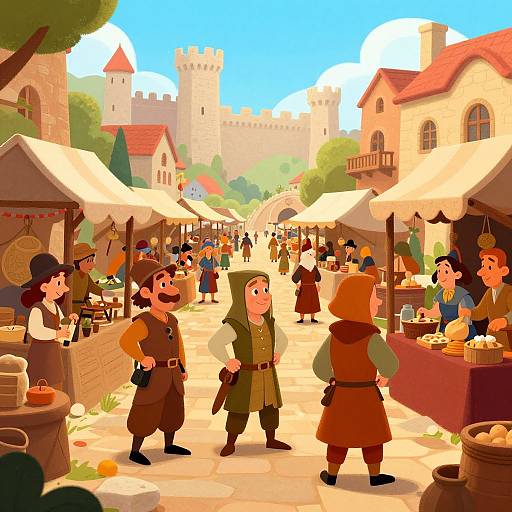 Bright, cartoon-style digital illustration of a bustling medieval market with vendors, customers, and castle in the background, under sunny blue skies.