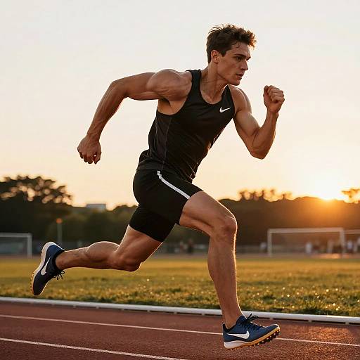 Muscular Athlete Sprinting at Sunset