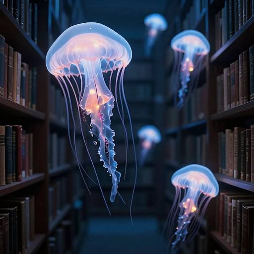 Photograph of glowing blue and pink jellyfish floating in a dimly lit, narrow library aisle filled with dark bookshelves.