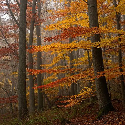 Photograph of a dense forest with tall, straight trees, showcasing vibrant autumn leaves in shades of orange, yellow, and red. Foggy background adds