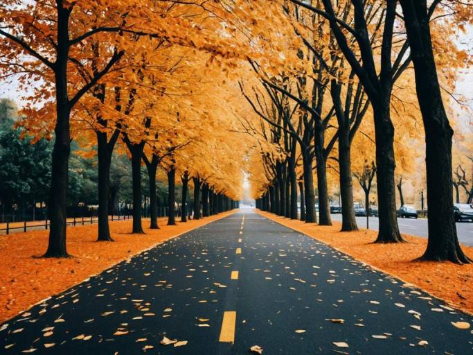 Autumn Park Road with Falling Leaves