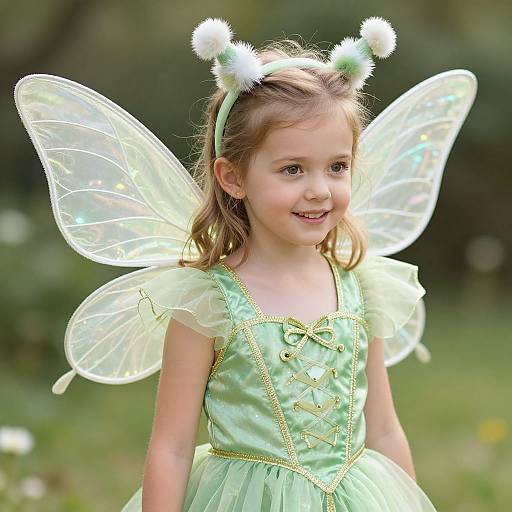 Photograph of a young girl with light brown hair, wearing a green fairy costume, translucent wings, and white pom-pom headband, smiling outdoors