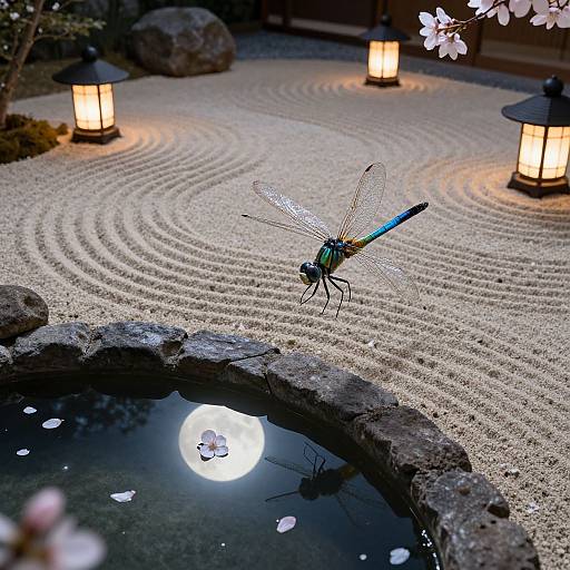 Photograph of a vibrant blue-green dragonfly perched on a zen garden with intricate sand patterns, illuminated lanterns, and a moonlit water basin