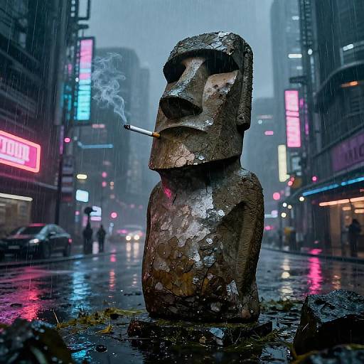 Photograph: Rainy, neon-lit city street with a wet, weathered Moai statue smoking a cigarette, surrounded by glowing signs and reflections
