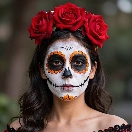 Photograph of a woman with white face paint, black eye sockets, orange flower patterns, red rose flower crown, and black lace collar.