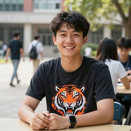 Photograph of smiling young Asian man with short black hair, wearing black T-shirt with tiger graphic, black watch, sitting outdoors. Blurred background with