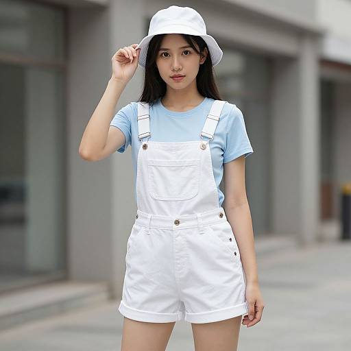 Photograph of an Asian woman with long black hair, wearing a white hat, light blue t-shirt, and white overalls, standing on a city