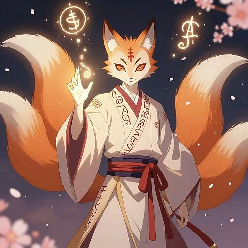 Digital anime-style drawing of a fox with nine tails, wearing a white kimono, holding a glowing symbol, against a night sky with cherry blossoms
