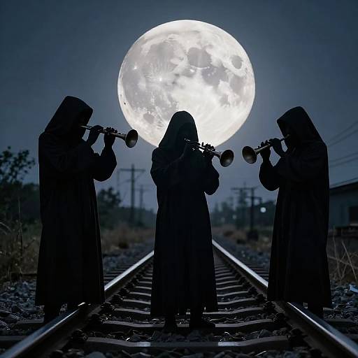 Silhouetted figures in hooded robes play trumpets on railway tracks, with a bright full moon behind them in a dark, blue-toned