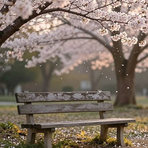 Photograph of a weathered wooden bench under cherry blossom trees, with sunlight filtering through petals and sparkling petals in the air.