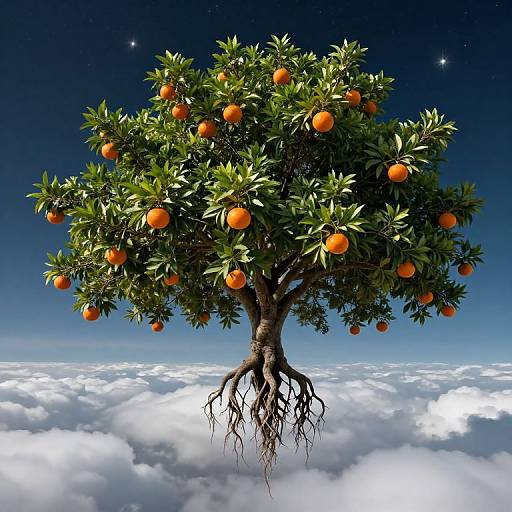 Photograph-like digital artwork of an orange tree with vibrant oranges, green leaves, and exposed roots floating above a cloudy sky at night.