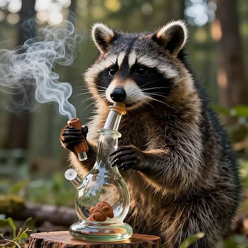 Hyper-Realistic Raccoon with Glass Bong