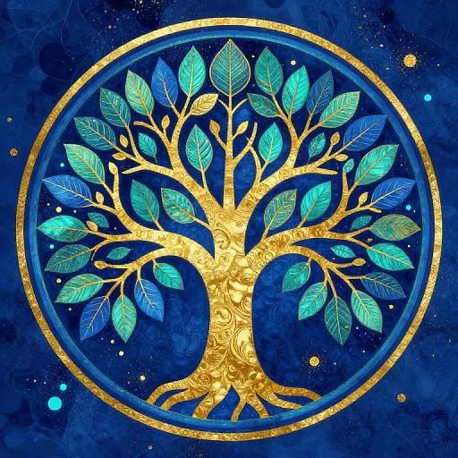 Digital artwork of a golden tree with blue leaves, intricately designed, set in a circular blue background with star-like dots.