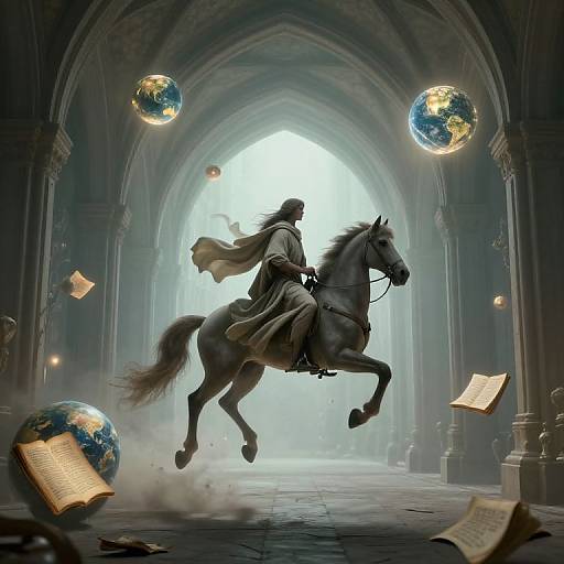 Mystical Rider in Ethereal Hallway