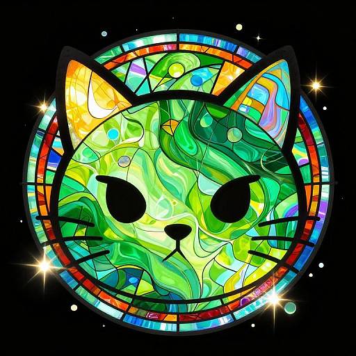 Vibrant stained glass cat face with colorful, swirling green, yellow, and blue patterns, black eyes, and a circular red border.
