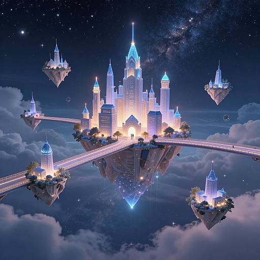 Digital art of a glowing, futuristic city floating in the sky, connected by bridges, surrounded by floating islands and stars.