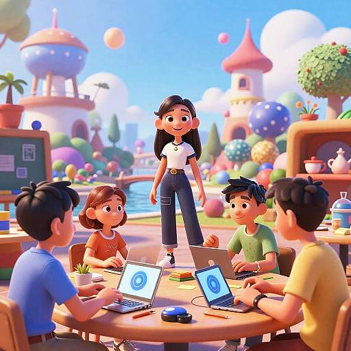 Digital illustration of four children and a girl standing, surrounded by colorful, whimsical buildings, using laptops with blue screens. Bright, sunny outdoor setting with