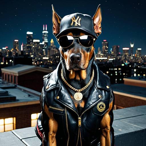 Doberman in Gangster Rapper Outfit on Rooftop