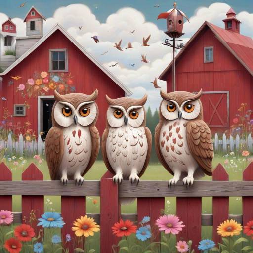 Whimsical Owls on a Rustic Barn Fence