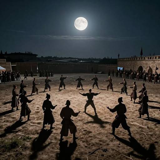 Photograph of silhouetted warriors performing a martial arts routine under a full moon, with a dark, expansive courtyard and distant cityscape in the