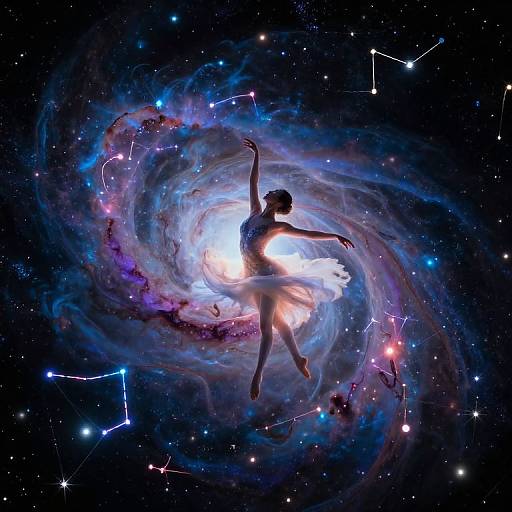 Digital art: Silhouetted ballerina in white tutu floats within a vibrant, swirling galaxy with neon stars and constellations. Cosmic