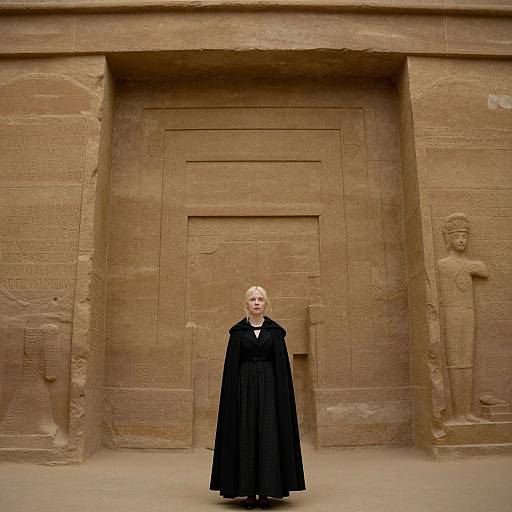 Photograph of a blonde woman in a long black cloak standing in front of an ancient, sandy-colored stone door with Egyptian carvings and statues on