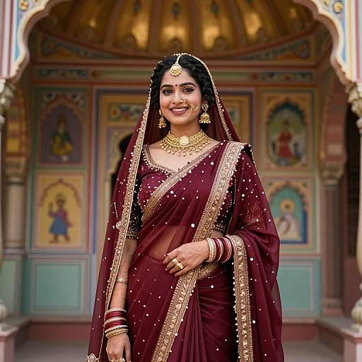 Indian bride in maroon saree with gold embroidery, jewelry, and veil, smiling in ornate, colorful temple background. Photograph.
