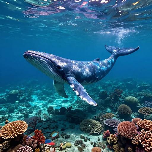Photograph of a majestic blue whale swimming gracefully above a vibrant coral reef with various corals in shades of red, orange, and brown underwater.