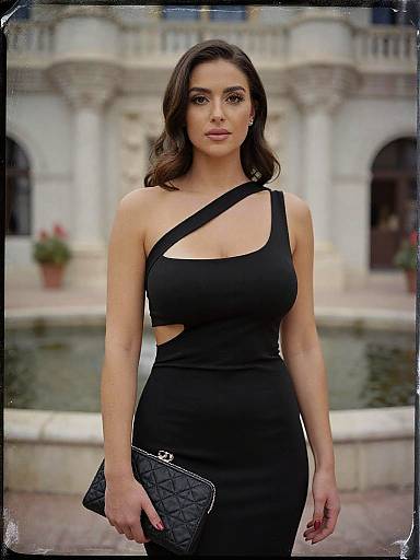 Photograph of a brunette woman in a black, one-shoulder dress with cutouts, holding a quilted black clutch, standing in front of