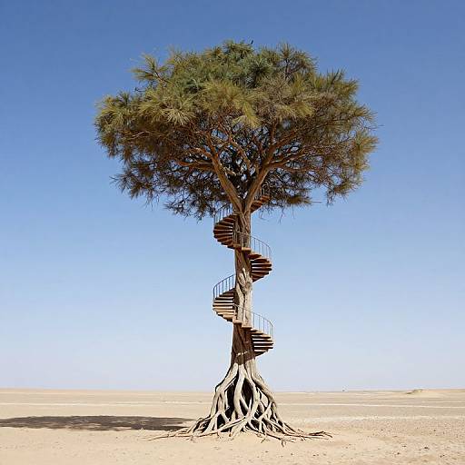 Photograph of a solitary tree with a spiral metal staircase wrapped around its trunk, set against a clear blue sky and sandy desert landscape.