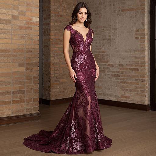 Elegant Woman in Burgundy Floral Prom Dress