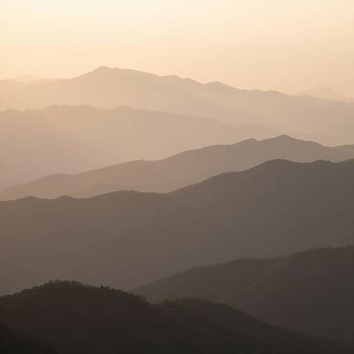 Photograph of layered, silhouetted mountain ranges in soft, fading shades of purple, blue, and yellow, under a pale, orange-h
