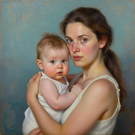 Digital painting of a fair-skinned woman with brown hair, wearing a white tank top, holding a baby in a white onesie against a blue gradient