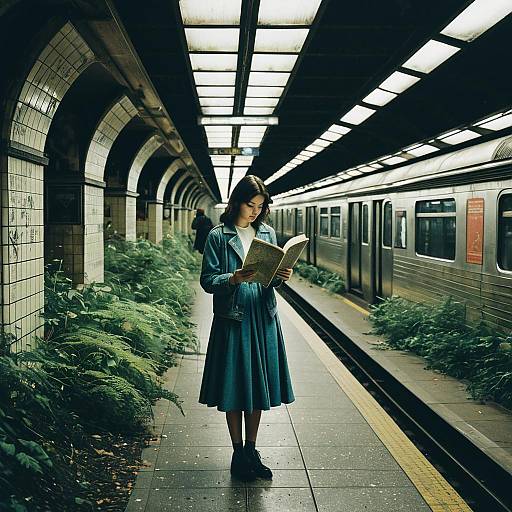 Woman Reading Vintage Map in Overgrown Subway Station