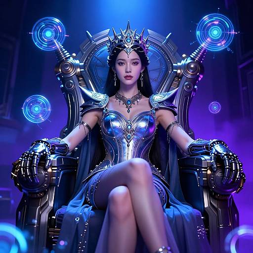 Digital CGI image of a regal woman with black hair, wearing a metallic crown and armor, seated on a glowing throne, surrounded by blue magical orbs