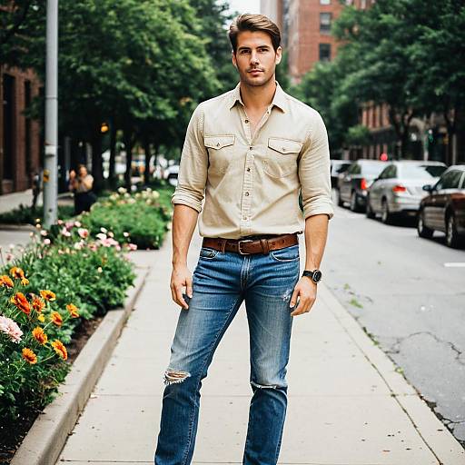 Stylish Man in Casual Summer Outfit on City Sidewalk