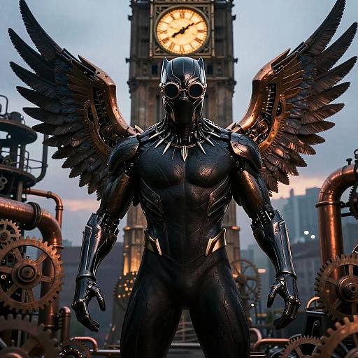 Photorealistic digital art of a muscular, black-winged superhero with a metallic mask standing before a clock tower, surrounded by industrial gears.