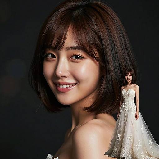 Photograph of a smiling Asian woman with short brown hair, wearing a strapless white lace wedding dress, with a tiny, identical figure of herself in