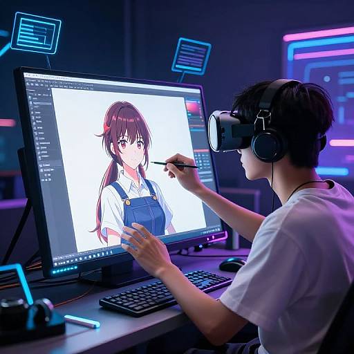 Anime-style digital artwork of a young male artist in VR headset, using a digital tablet to draw a female character on a screen. Neon blue and purple