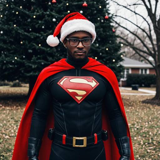 Dark-skinned Man in Christmas Superman Costume