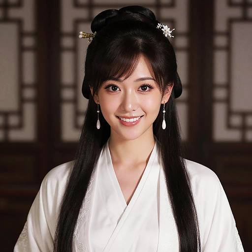 Photograph of an Asian woman with long black hair in a traditional white kimono, smiling, adorned with hairpins and teardrop earrings, set