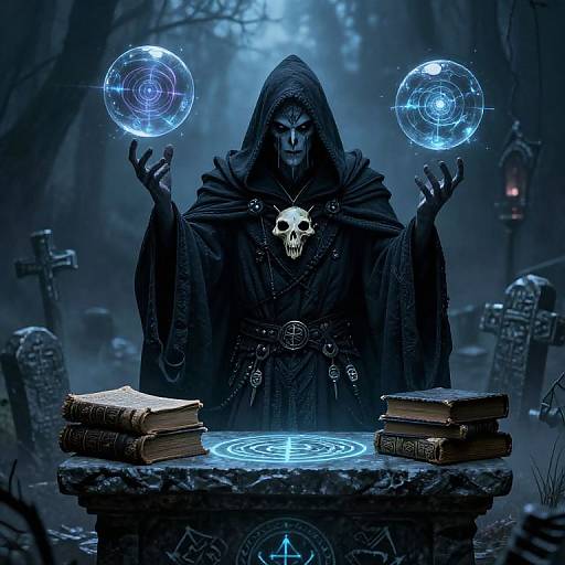 Digital artwork of a hooded, skull-adorned figure casting glowing blue magic circles in a dark, foggy graveyard with tombstones and books.