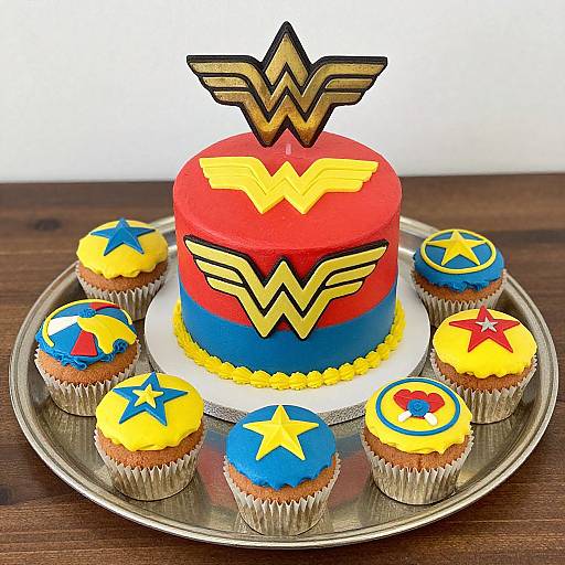 Photograph of a red and blue Wonder Woman cake with yellow trim, topped with a golden Wonder Woman emblem, surrounded by five decorated cupcakes with superhero logos
