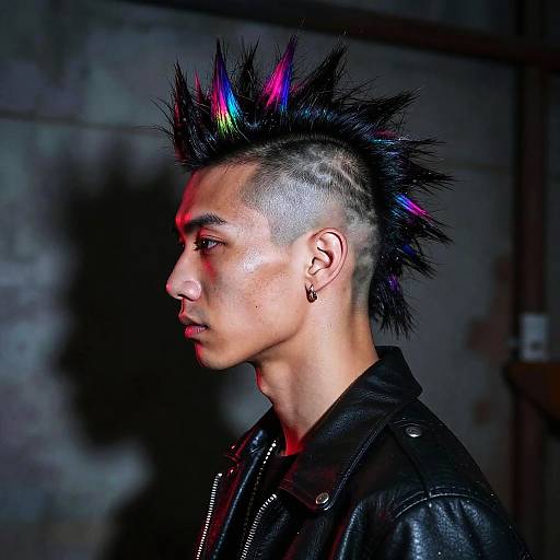 Photograph of a young man with a mohawk, neon-colored spikes, shaved sides, black leather jacket, and earring, in shadowy background