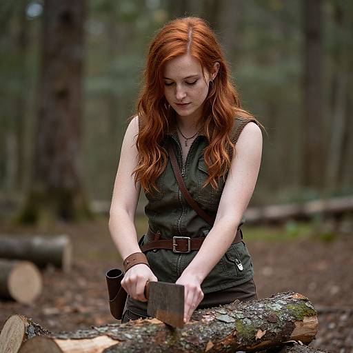 Photograph of a red-haired woman with fair skin, wearing a dark green sleeveless top and brown belt, chopping logs in a forest. She focuses