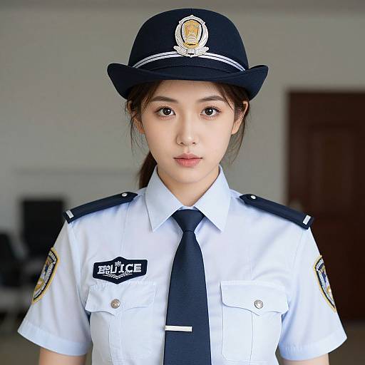 Photograph of an Asian woman in a police uniform with white shirt, black tie, and hat, standing indoors, with a serious expression.