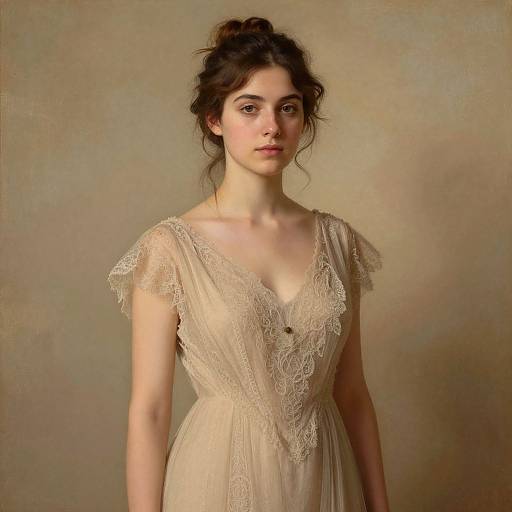 Photograph of a young woman with fair skin and dark, wavy hair in a loose bun, wearing a sheer, lace-trimmed, beige