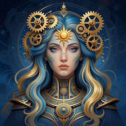 Digital art of a blue-haired woman with golden gears on her head, intricate jewelry, and blue-gold armor, against a dark blue, starry