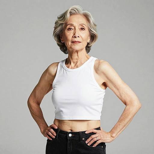Photograph of an elderly woman with short gray hair, wearing a white sleeveless crop top and black pants, standing with hands on hips against a plain