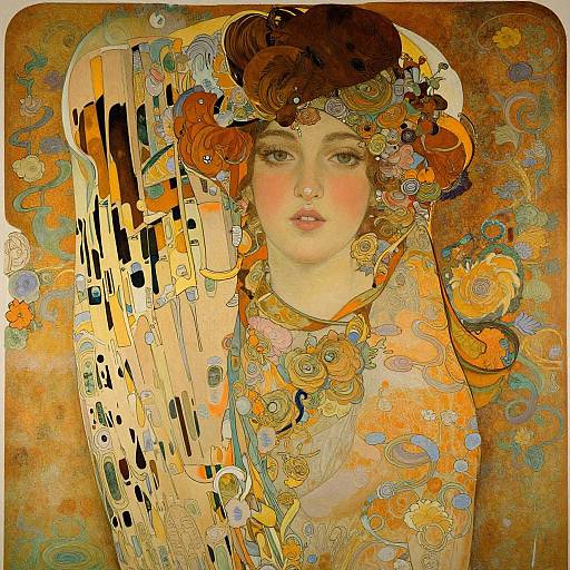 Digital artwork of a fair-skinned, rosy-cheeked young woman with brown curls, adorned in an ornate, patterned golden dress and